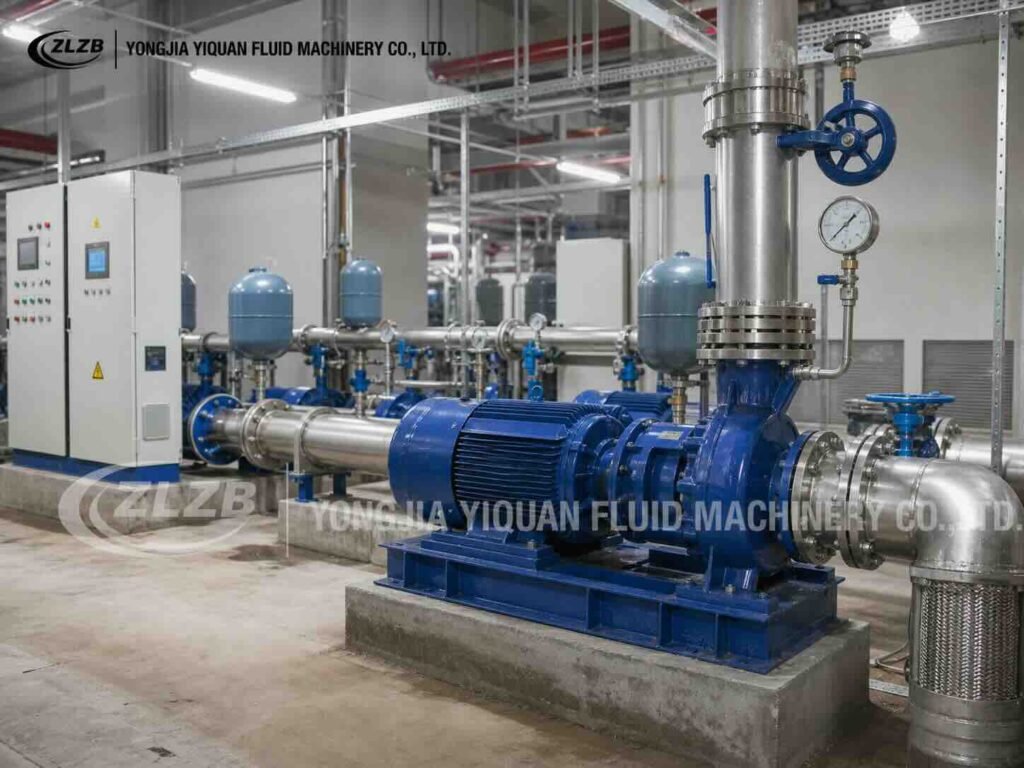 Blue ISW horizontal circulation pump operating in a commercial HVAC chilled-water plant room.