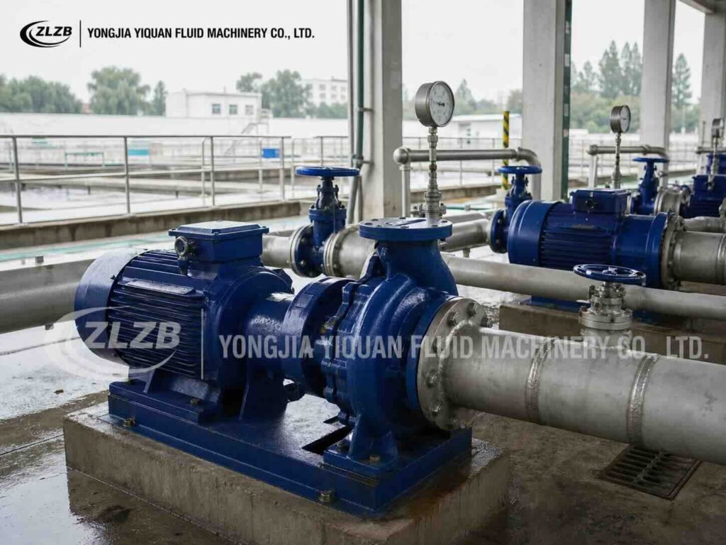 Blue ISW horizontal centrifugal pump installed at a municipal water treatment and distribution facility.