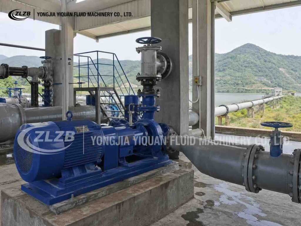 ISW horizontal centrifugal pump connected to a long-distance water pipeline near a reservoir.