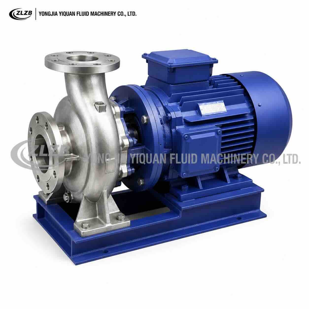 High-resolution front-left view of an IHW horizontal stainless steel chemical centrifugal pump with a blue electric motor and base.