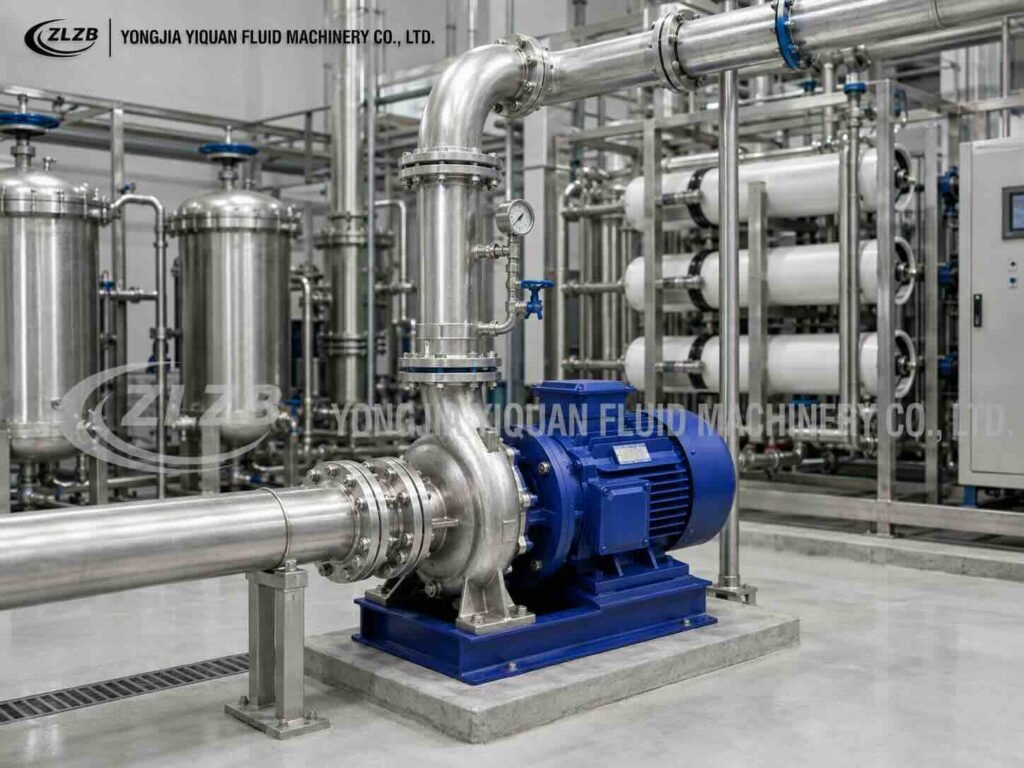 IHW horizontal stainless steel centrifugal pump installed in a modern water treatment and filtration system.