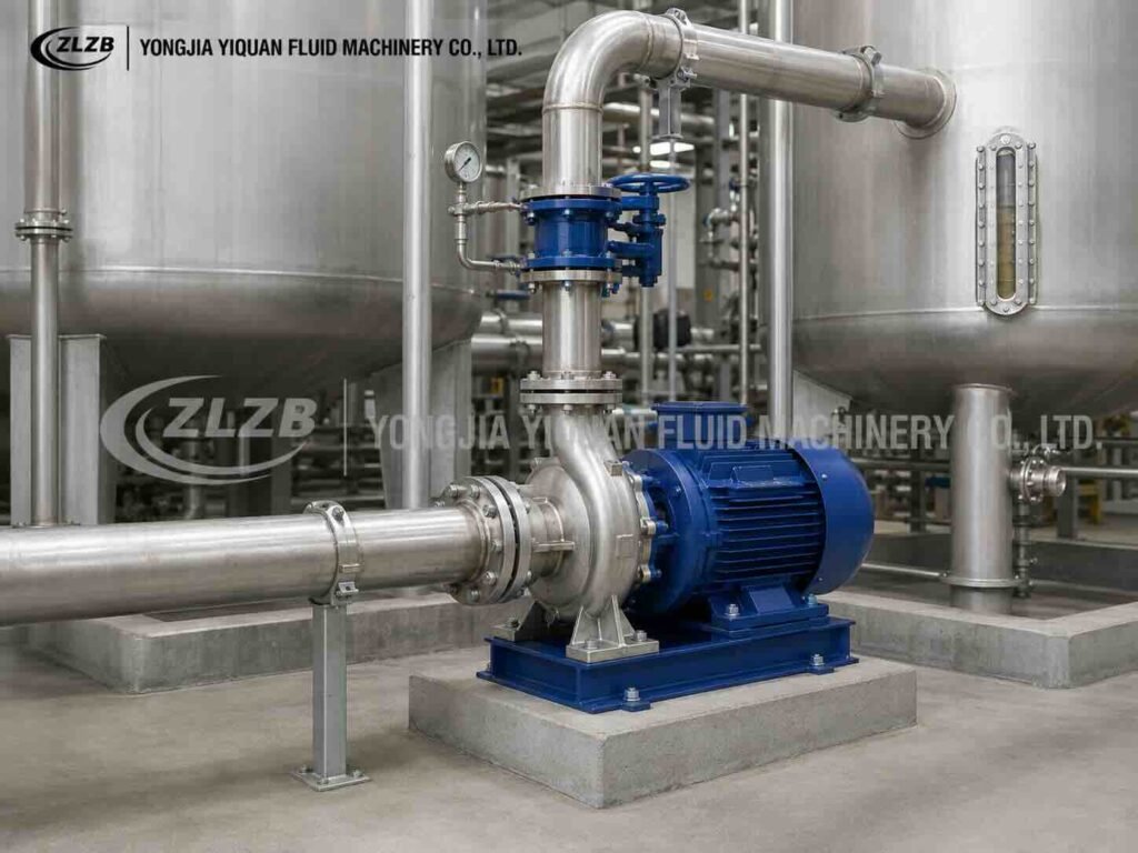 IHW stainless steel chemical pump transferring mildly corrosive liquids between industrial process tanks.