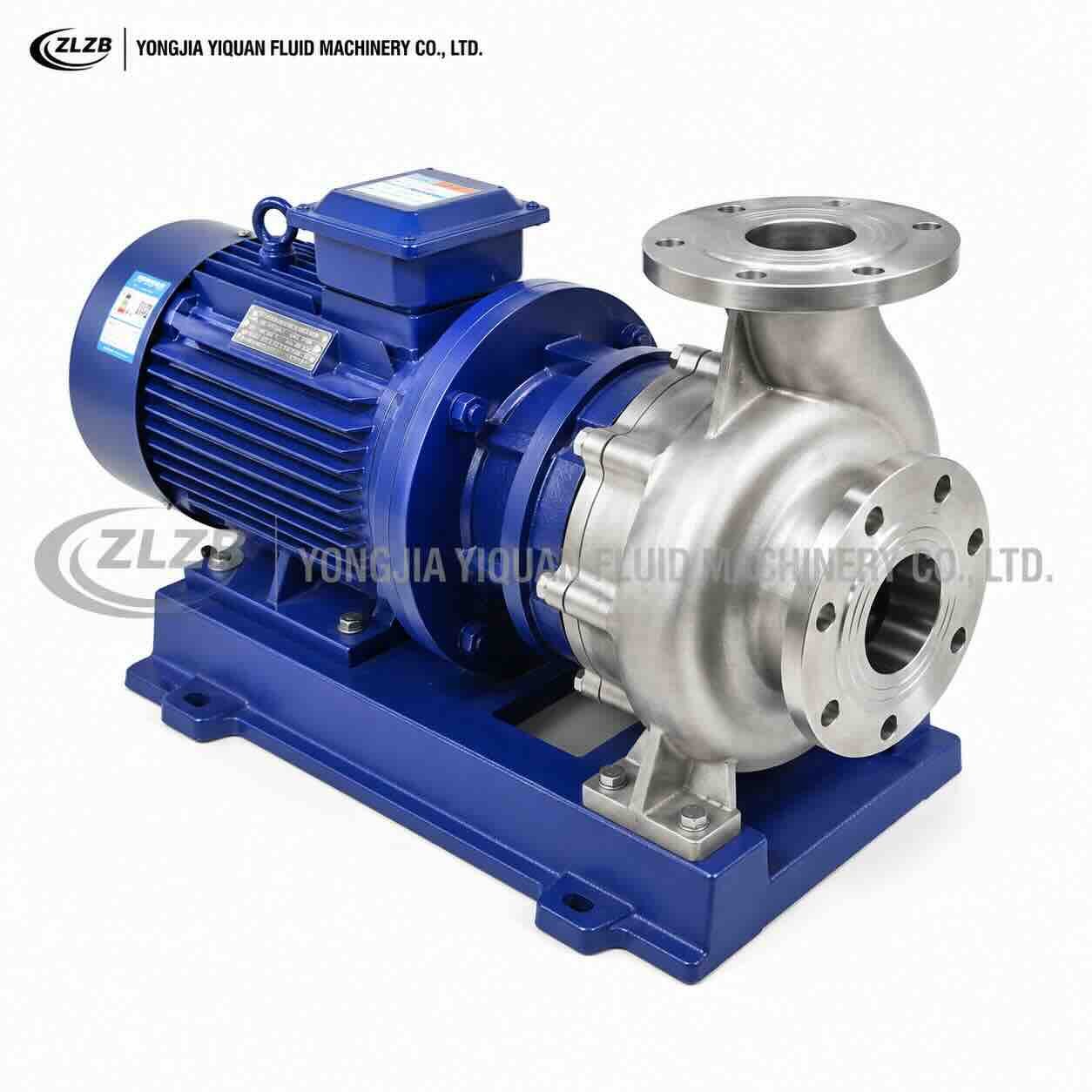 High-resolution elevated front-right view of an IHW stainless steel horizontal centrifugal pump with a direct-coupled blue motor.