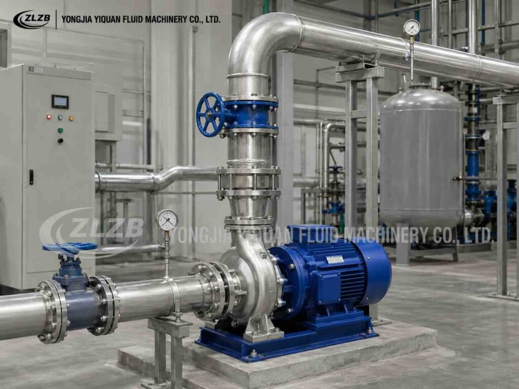 IHW stainless steel centrifugal pump installed in an industrial pipeline pressure boosting station.
